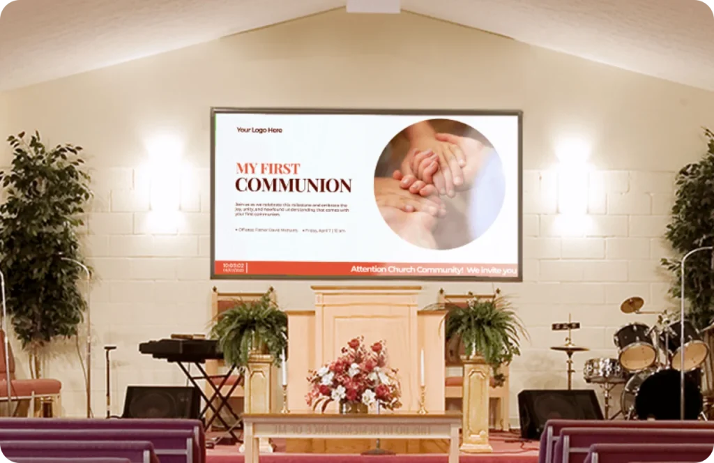 A screen in a Church showing holy communion through Wioplex's Digital Signage Software.