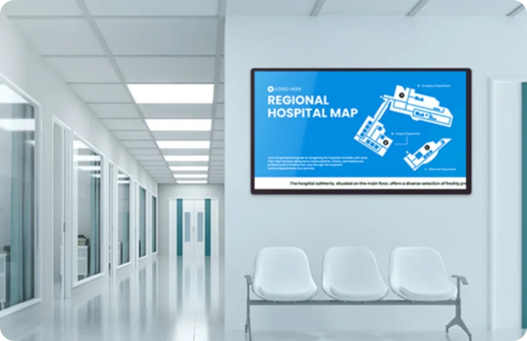 A screen in a hospital showing content through Wioplex's Digital signage software