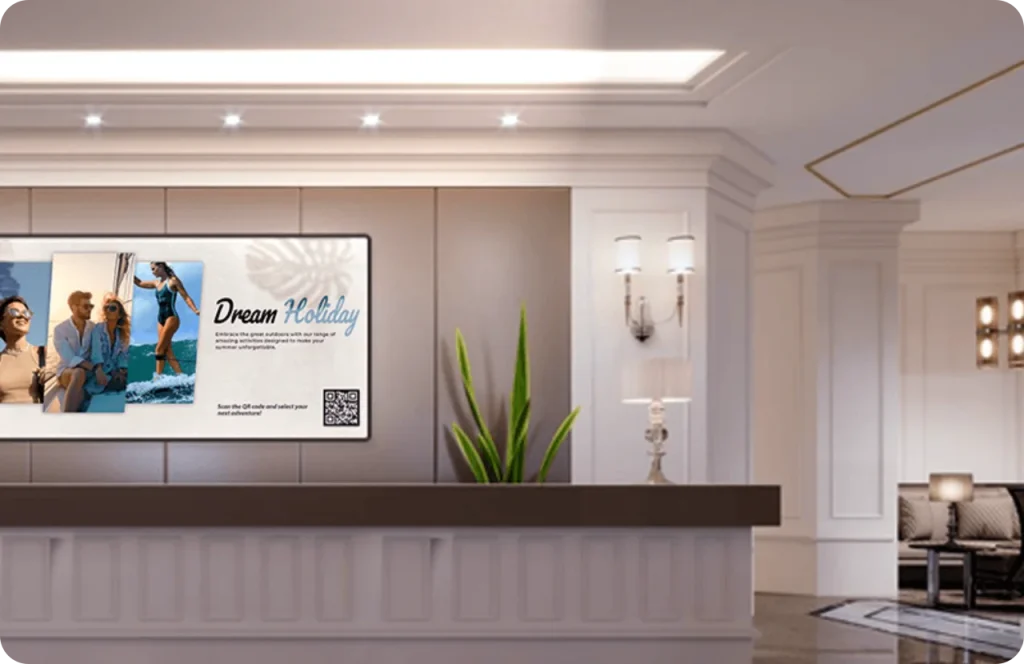 A screen in a hotel showing content through Wioplex's Digital signage software