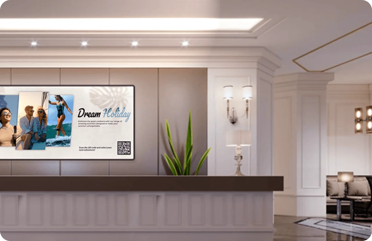 A screen in a hotel showing content through Wioplex's Digital signage software