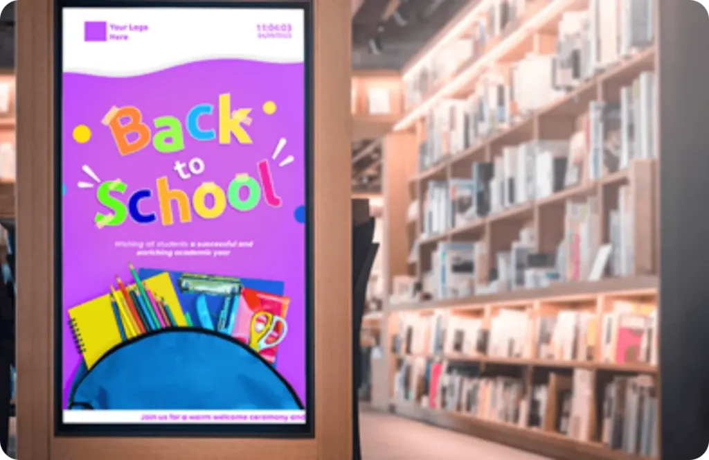 A digital signage screen placed in the library.