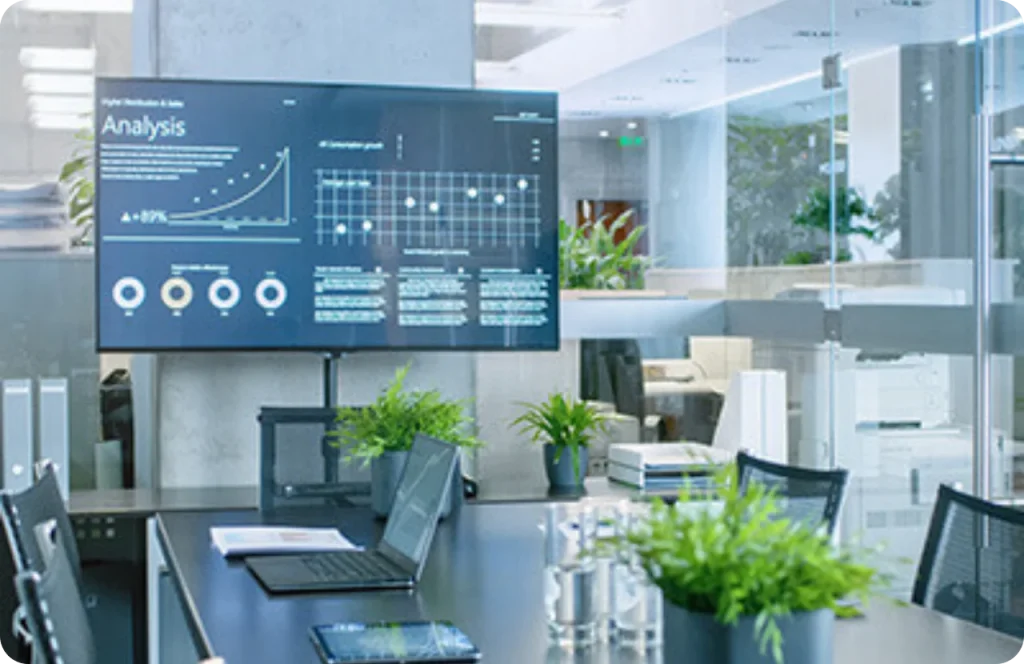 Digital Signage Software is being used in an Office. The content is shown on a display screen.