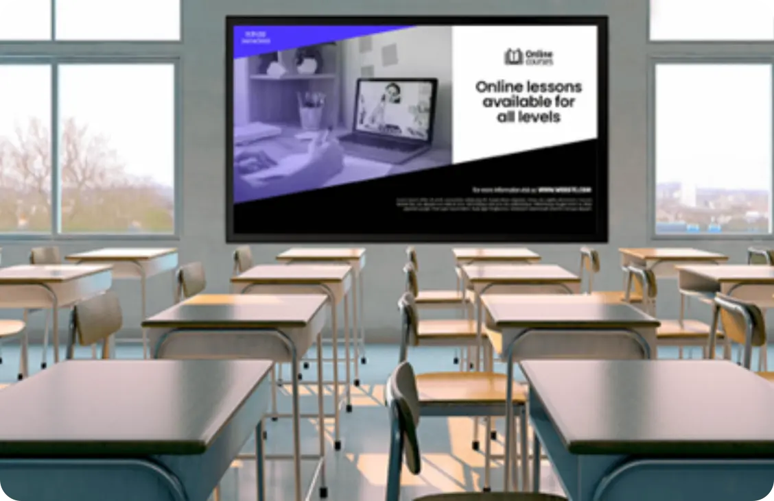 A digital signage showing installed in the middle of the class showing the content of online lessons available