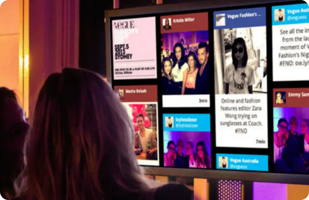 A digital screen showing a social media feed
