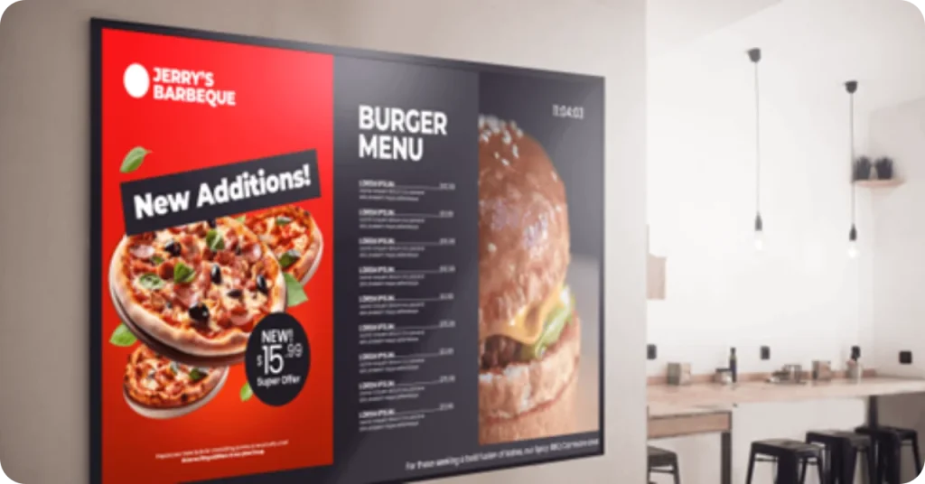 A digital signage showing a restaurant menu
