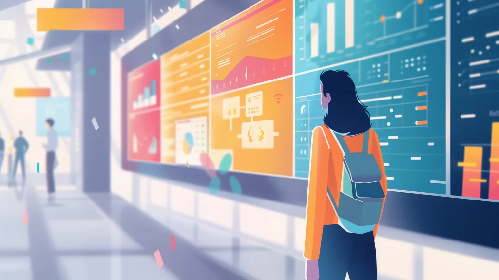 Illustration of a boy looking at the vast features of a digital signage software.